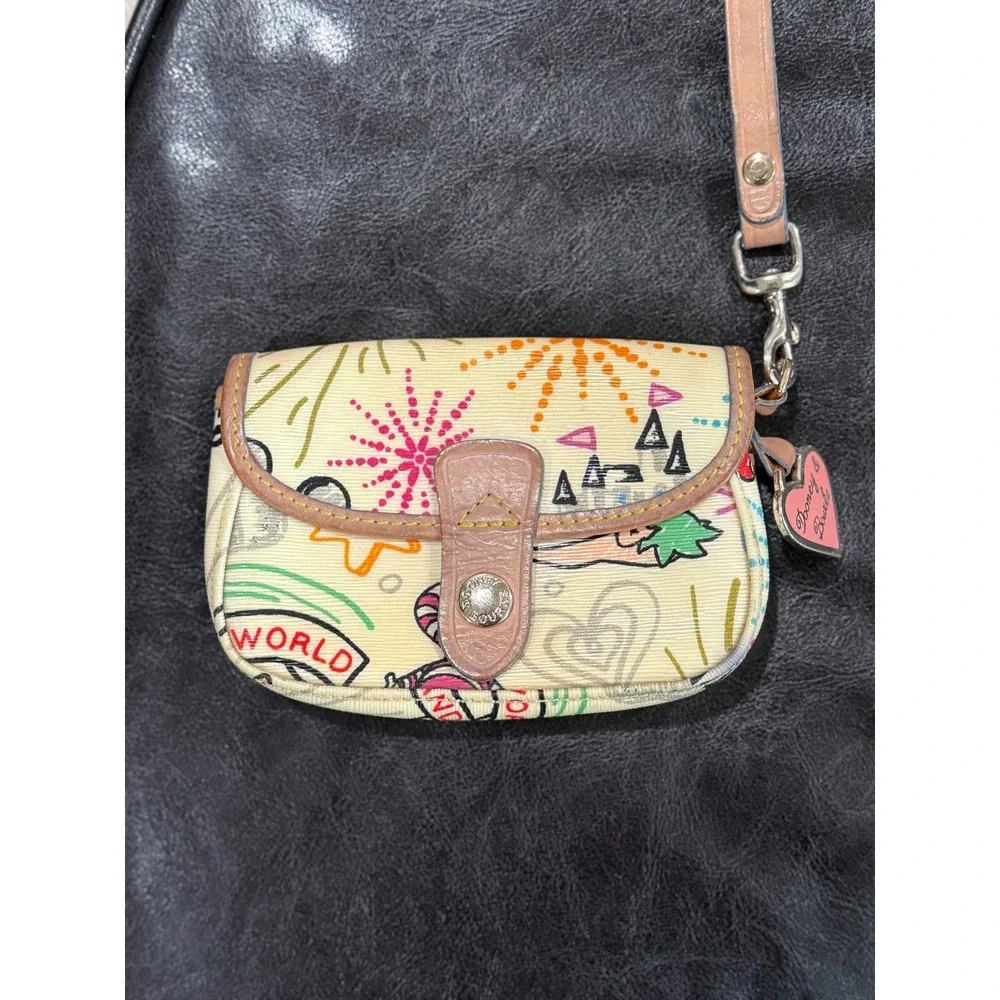 Dooney & Bourke Wristlet Pouch Cream Multi Color Doodle Print Leather Trim‎